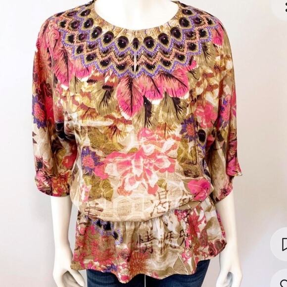 Chico's Boho Feather Print NEW Blouson beaded tunic blouse size 1/MEDIUM - Picture 2 of 13